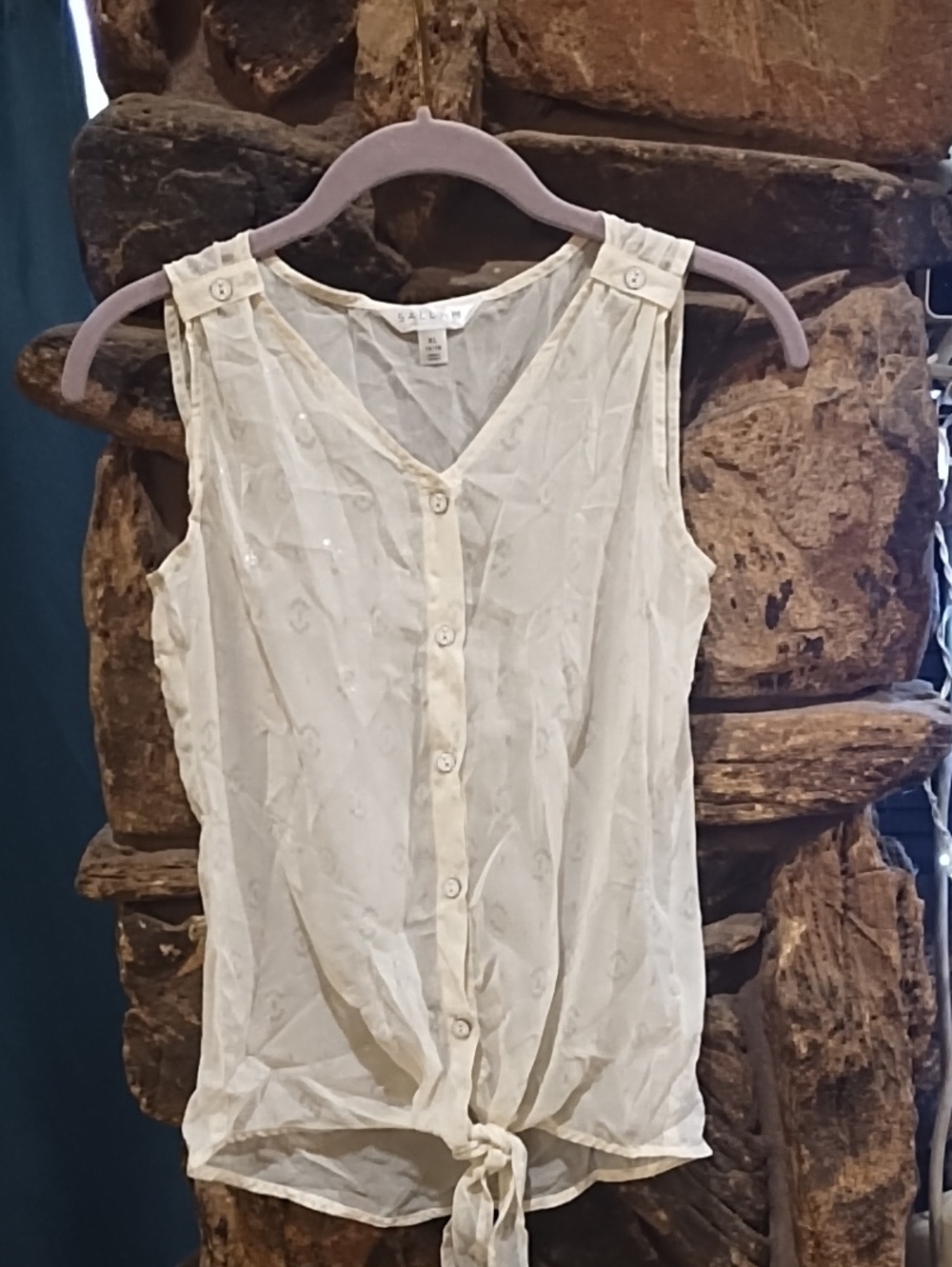 Junior Sally Miller Sleeveless Button-Front Sheer Tie Hem Top - Cream